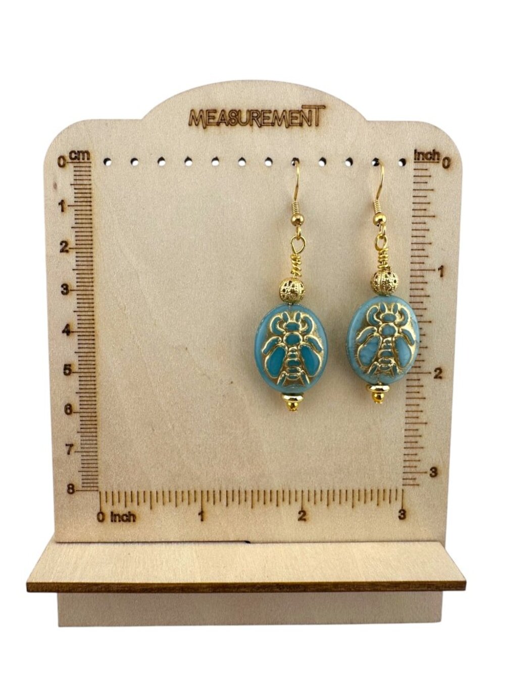 Czech Glass Bee Earrings Sky Blue Gold Dangle Cottagecore Boho Handmade - Picture 9 of 11